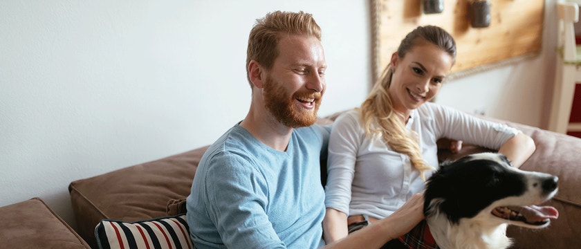A young couple sit on the sofa at home looking happily at, and petting, their black and white dog.