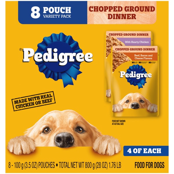 PEDIGREE® Wet Dog Food Chopped Ground Dinner 8ct Meaty Ground Dinner with Hearty Chicken and Beef, Bacon and Cheese Flavor image 1