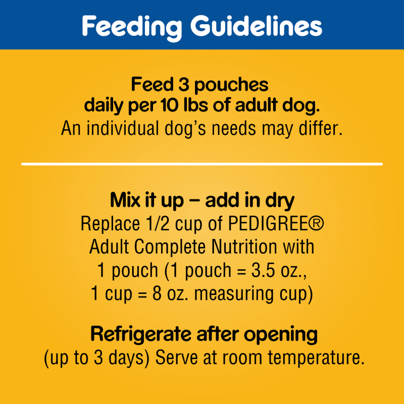 PEDIGREE® CHOICE CUTS™ 18ct Chicken Casserole in Gravy, Grilled Chicken Flavor in Sauce and Beef, Noodles and Vegetables Flavor in Sauce feeding guidelines image